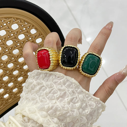 Large square resin open ring for women European and American light luxury niche high-end index finger ring retro design ring